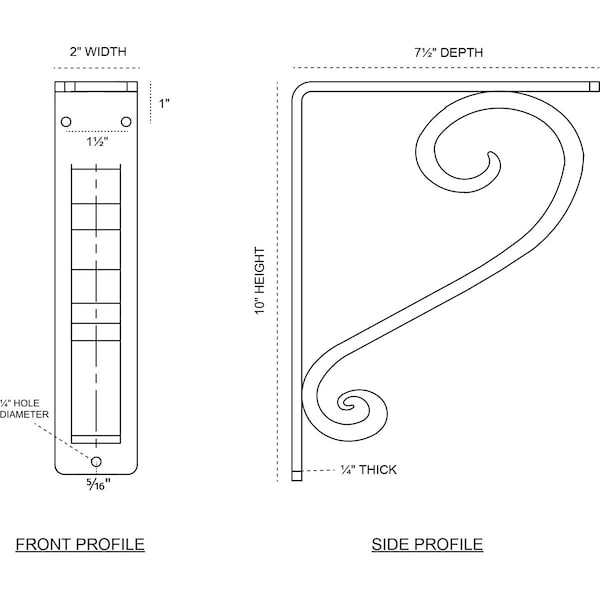 Edwards Wrought Iron Bracket, (Triple Center Brace), Antiqued Brass 2W X 7 1/2D X 10H